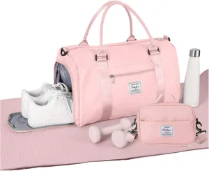 Weekender Gym Duffel Bags for Women Pink with Toiletry Bag, Travel Totes Bag for Airplane, Cute Sports Gym Dance Bag Overnight Luggage Bag with Wet Pocket Shoe Compartment, Carry On Hospital Bag