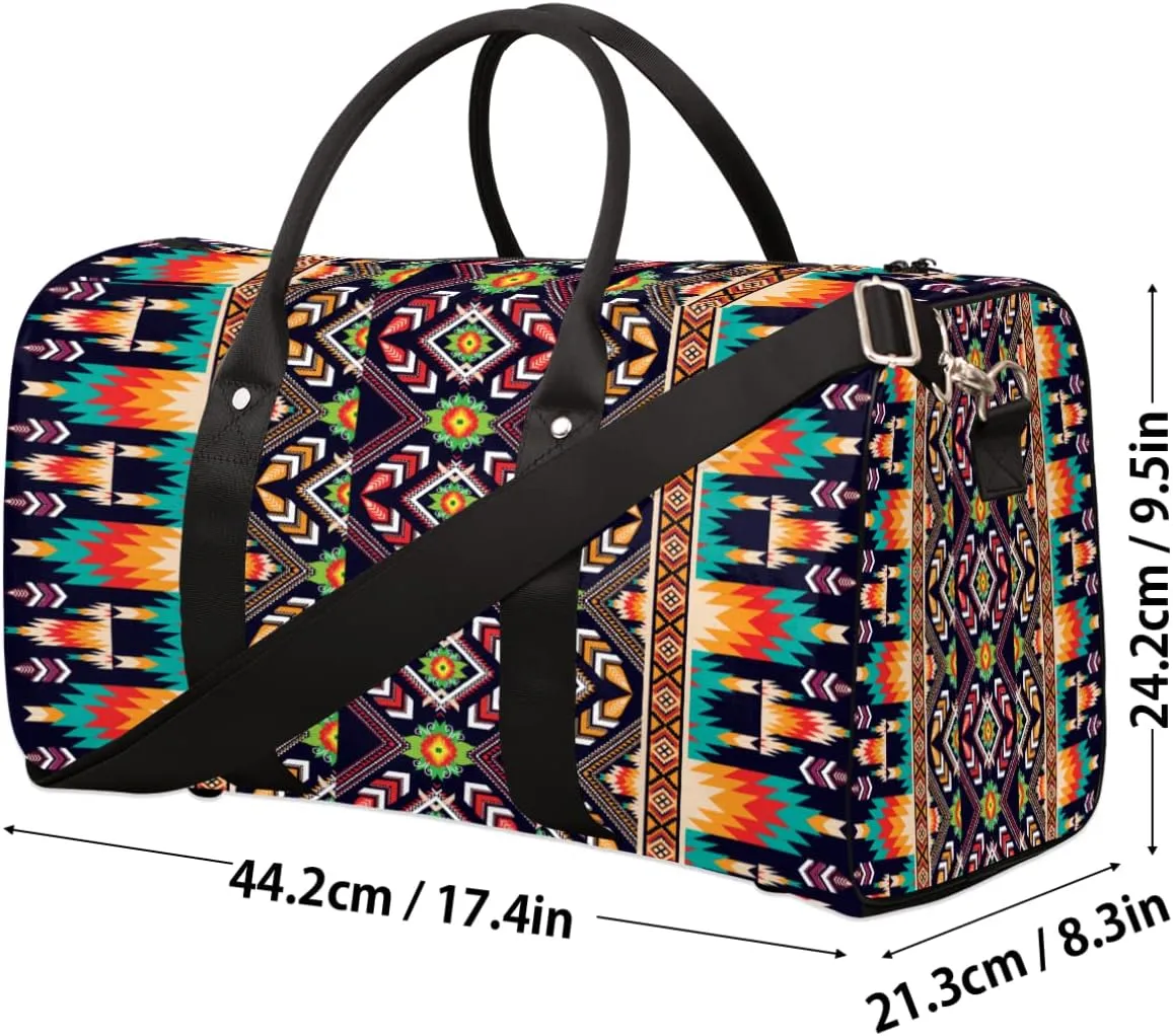 Western Aztec Sport Gym Bag for Women and Men Boho Flower Small Travel Duffel Bag Waterproof Weekender Overnight Bag Lightweight Carry on bag Foldable Gymbag for Training Swim Yoga Traveling Handbag