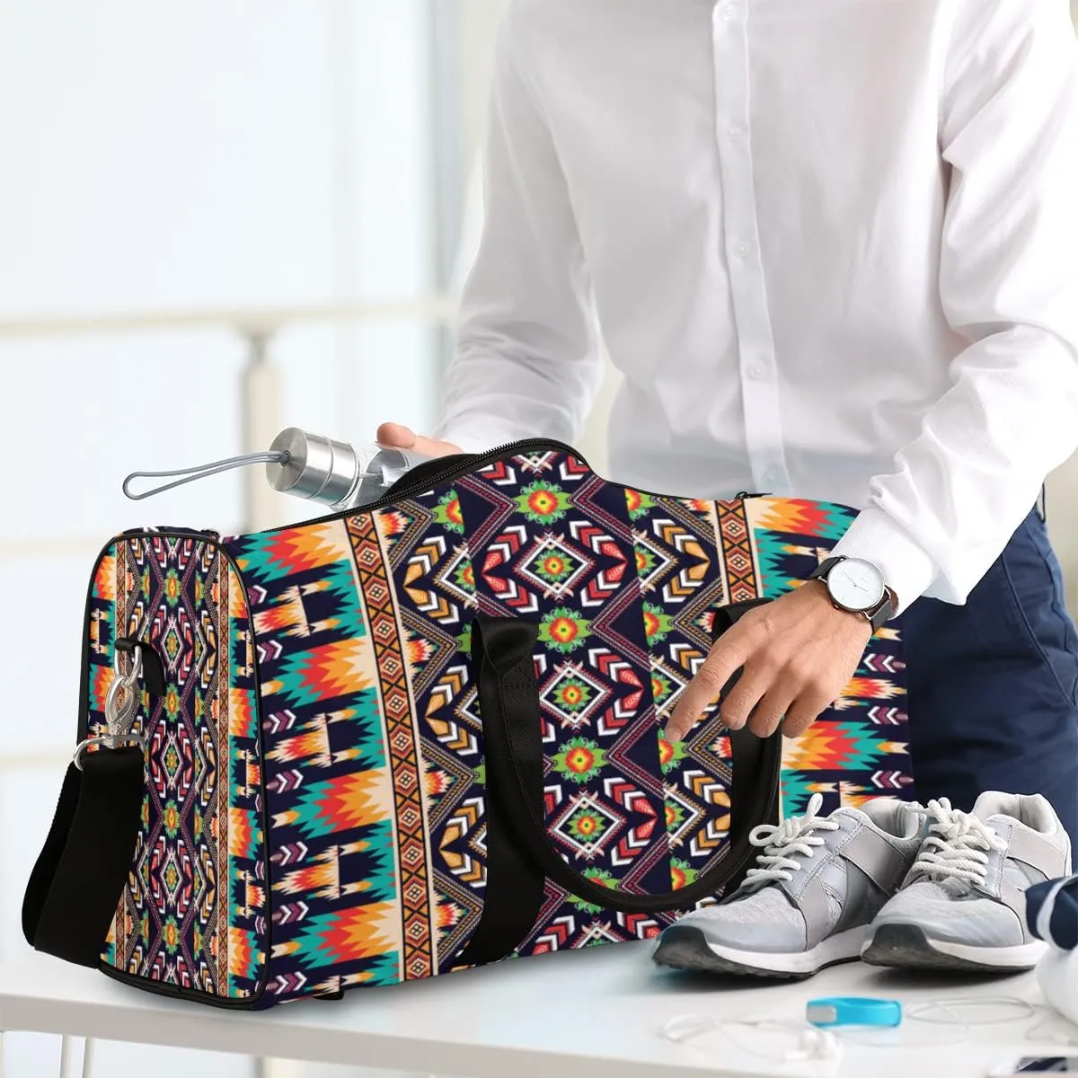 Western Aztec Sport Gym Bag for Women and Men Boho Flower Small Travel Duffel Bag Waterproof Weekender Overnight Bag Lightweight Carry on bag Foldable Gymbag for Training Swim Yoga Traveling Handbag
