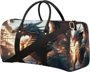Western Fantasy Dragon Travel Duffel Bag for Women Men Small Sport Gym Bag Waterproof Weekender Overnight Lightweight Carry on Foldable Gym Bag for Training Swim Yoga Traveling Handbag