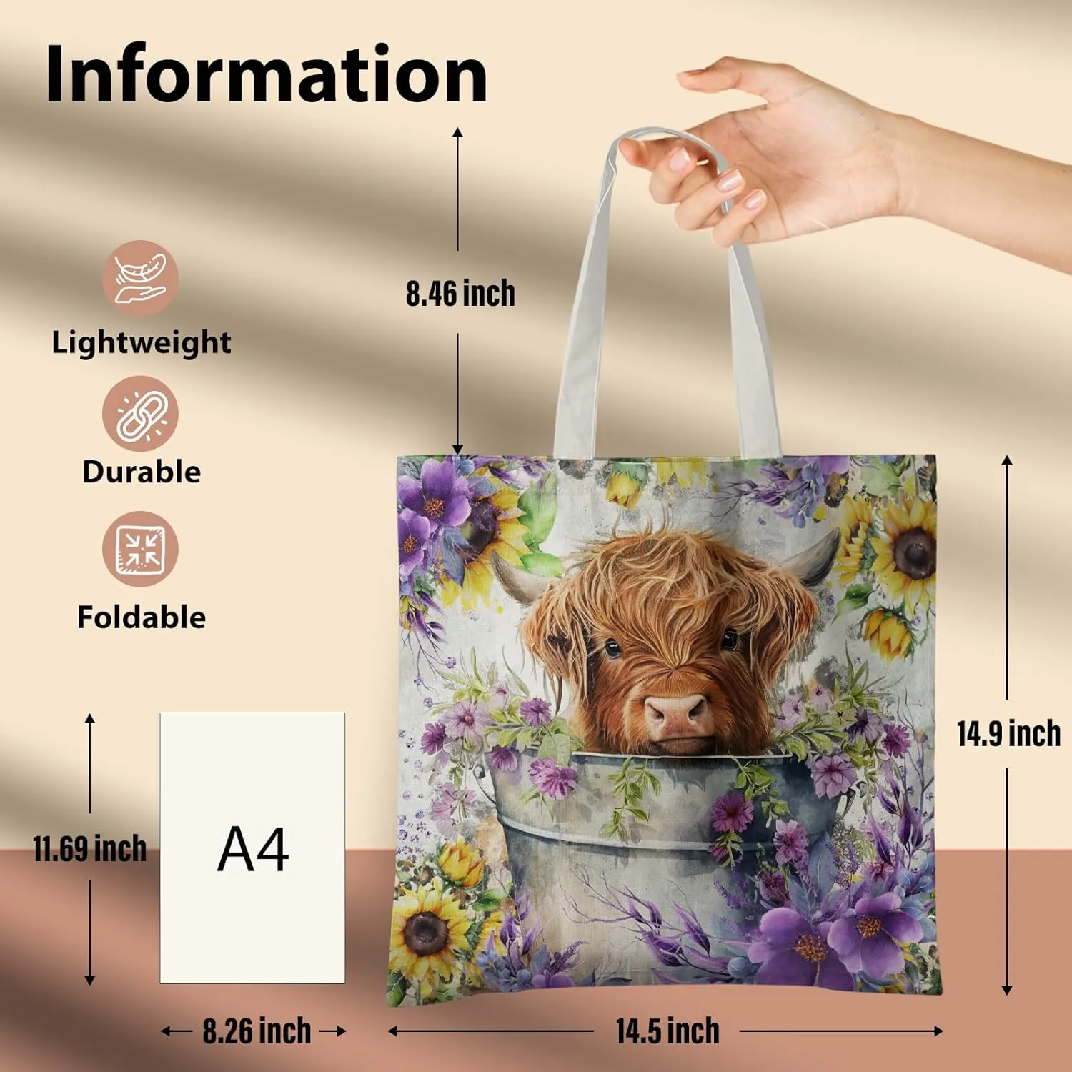 Western Highland Cow Canvas Shoulder Bag for Women & Girls, Highland Cow Lover Gift