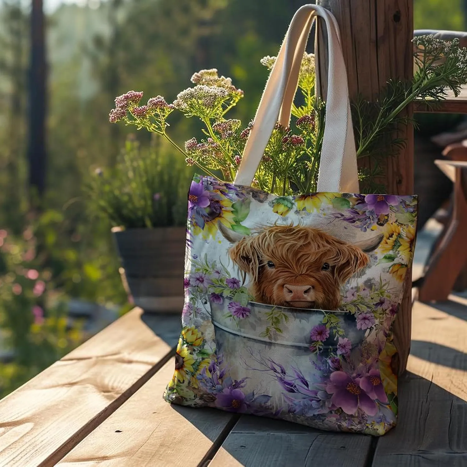 Western Highland Cow Canvas Shoulder Bag for Women & Girls, Highland Cow Lover Gift