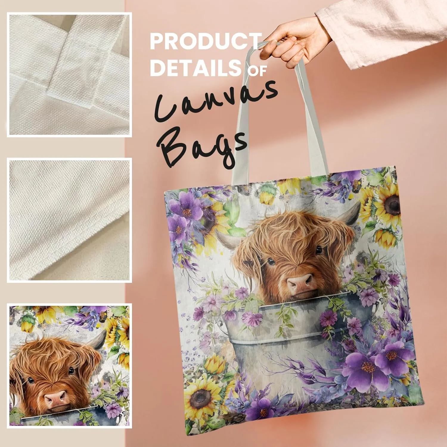 Western Highland Cow Canvas Shoulder Bag for Women & Girls, Highland Cow Lover Gift