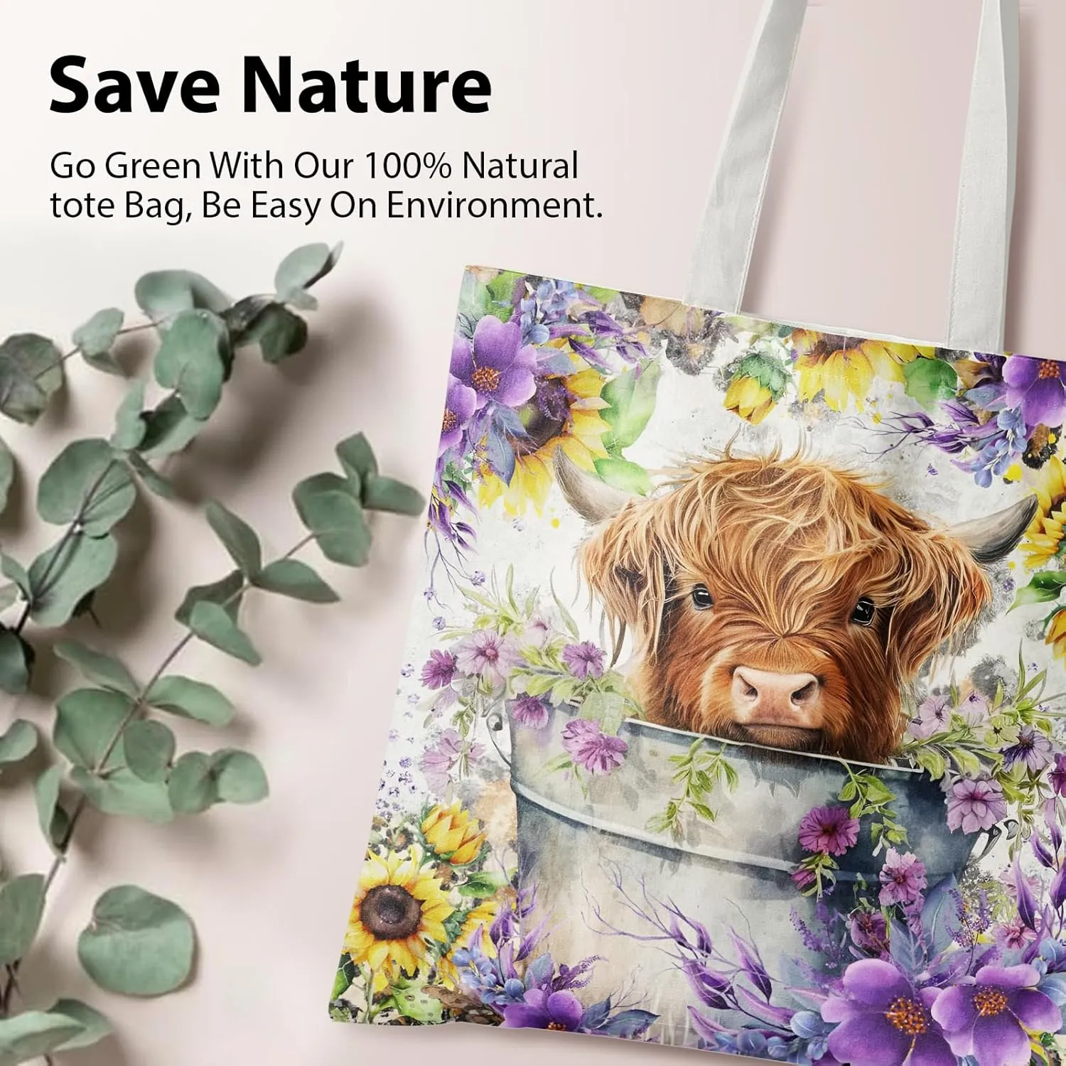 Western Highland Cow Canvas Shoulder Bag for Women & Girls, Highland Cow Lover Gift