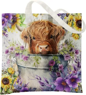 Western Highland Cow Canvas Shoulder Bag for Women & Girls, Highland Cow Lover Gift