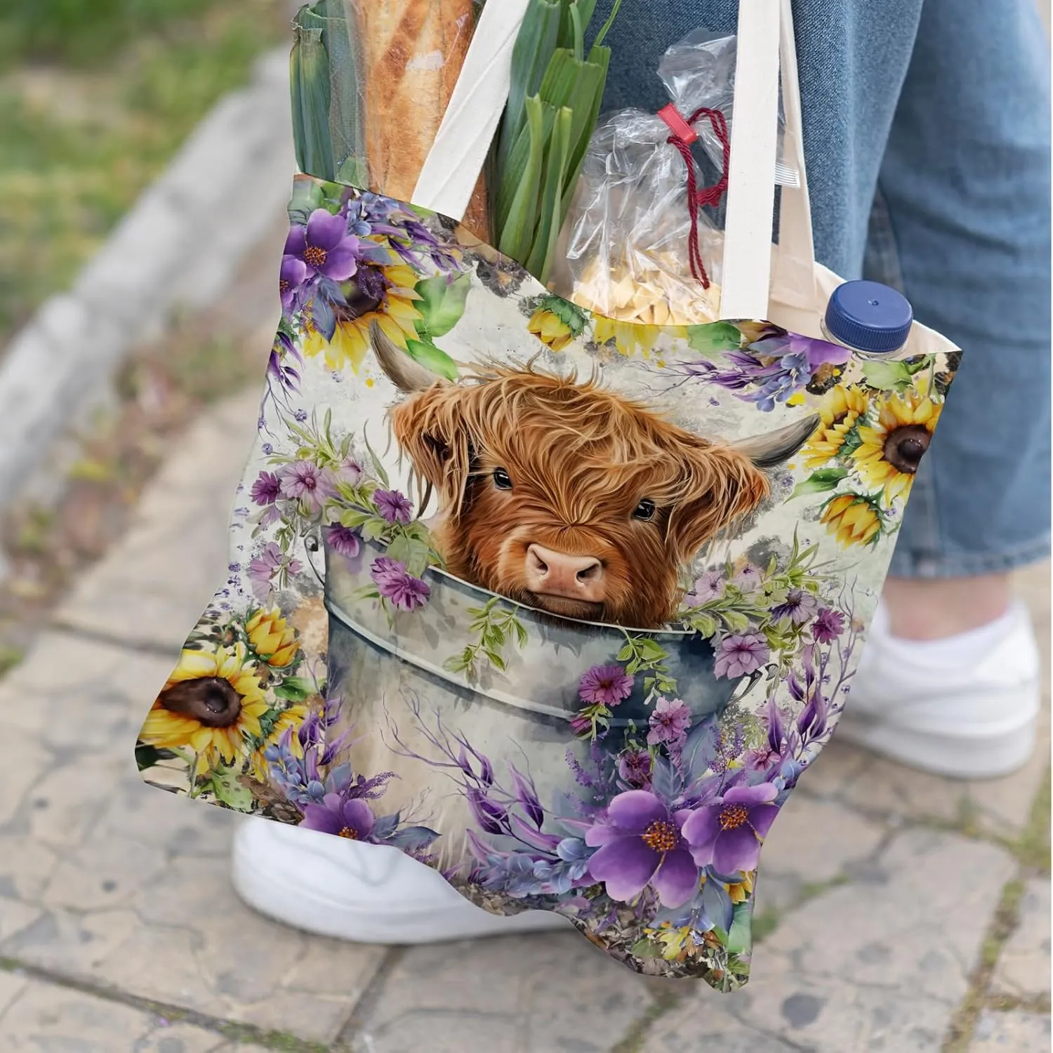 Western Highland Cow Canvas Shoulder Bag for Women & Girls, Highland Cow Lover Gift