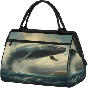 Whale Leap Out Sea Gym Bag for Women Men, Travel Sports Duffel Bag with Trolley Sleeve, Waterproof Sports Gym Bag Weekender Overnight Bag Carry On Tote Bag for Travel Gym Sport