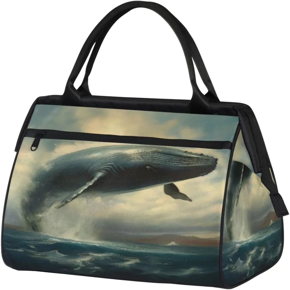 Whale Leap Out Sea Gym Bag for Women Men, Travel Sports Duffel Bag with Trolley Sleeve, Waterproof Sports Gym Bag Weekender Overnight Bag Carry On Tote Bag for Travel Gym Sport