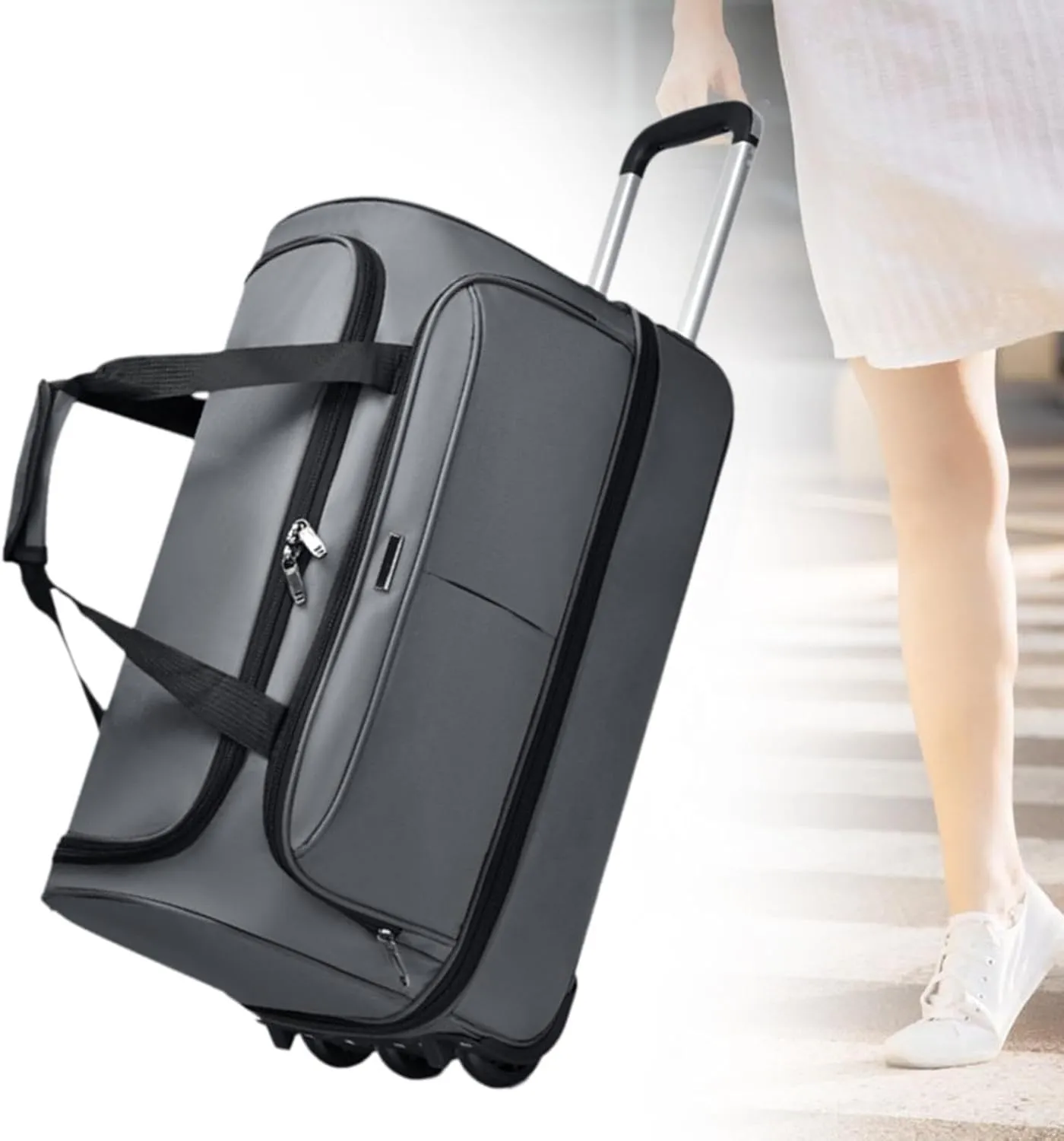 Wheeled Duffel Bag Suitcase Carrier Heavy Duty Rolling Garment Bag Trolley Bag for Picnic Traveling Outdoor Men Business Trip, gray, L