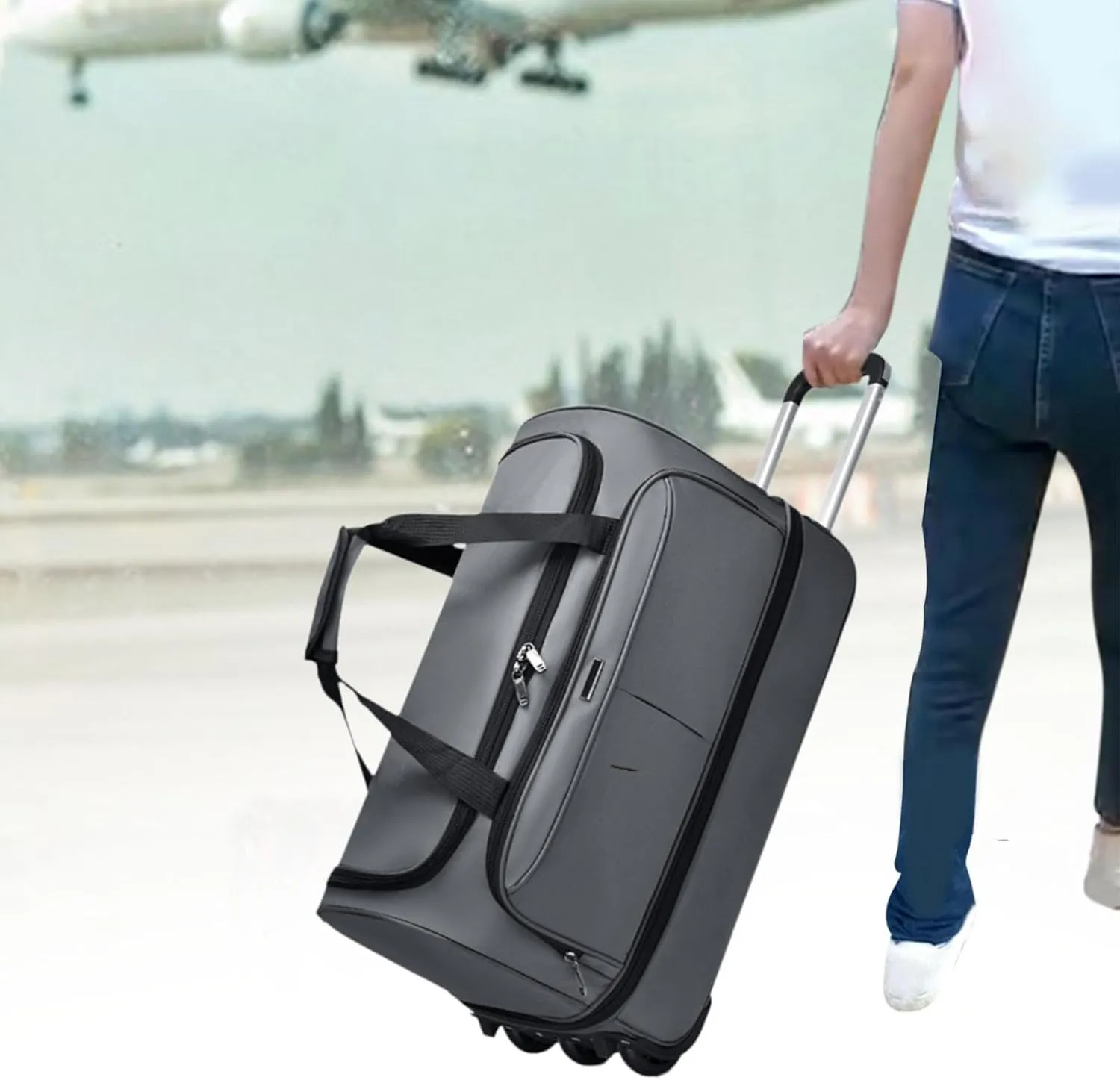 Wheeled Duffel Bag Suitcase Carrier Heavy Duty Rolling Garment Bag Trolley Bag for Picnic Traveling Outdoor Men Business Trip, gray, L