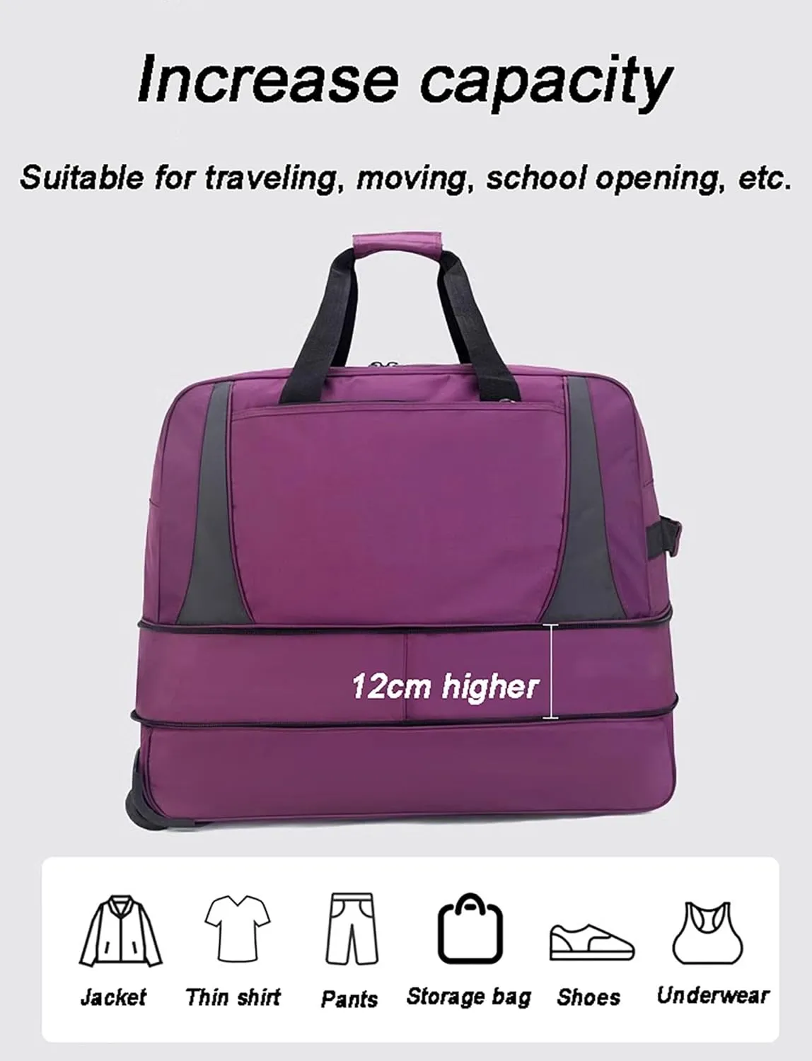 Wheeled Duffle Bag Large Capacity Foldable Travel Luggage with Telescopic Handle, Oxford Fabric Carry-On, Storage for Blankets Weekender Moving Storage(Gray,Medium)