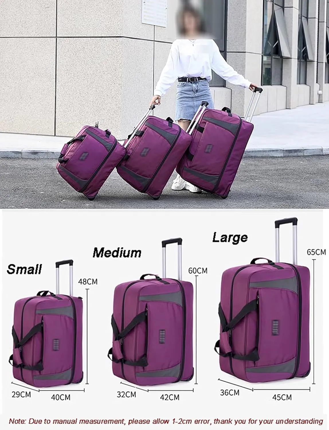 Wheeled Duffle Bag Large Capacity Foldable Travel Luggage with Telescopic Handle, Oxford Fabric Carry-On, Storage for Blankets Weekender Moving Storage(Gray,Medium)