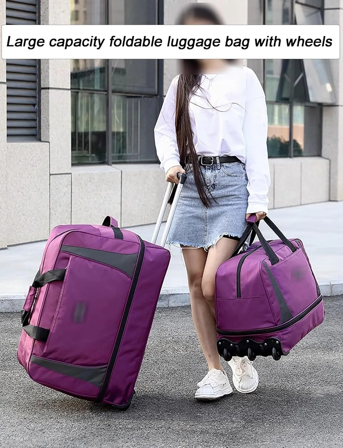 Wheeled Duffle Bag Large Capacity Foldable Travel Luggage with Telescopic Handle, Oxford Fabric Carry-On, Storage for Blankets Weekender Moving Storage(Gray,Medium)