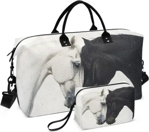 White and Black Horses Duffel Bag for Travel Gym Sport, Weekender Travel Bags Carry on Overnight Bag