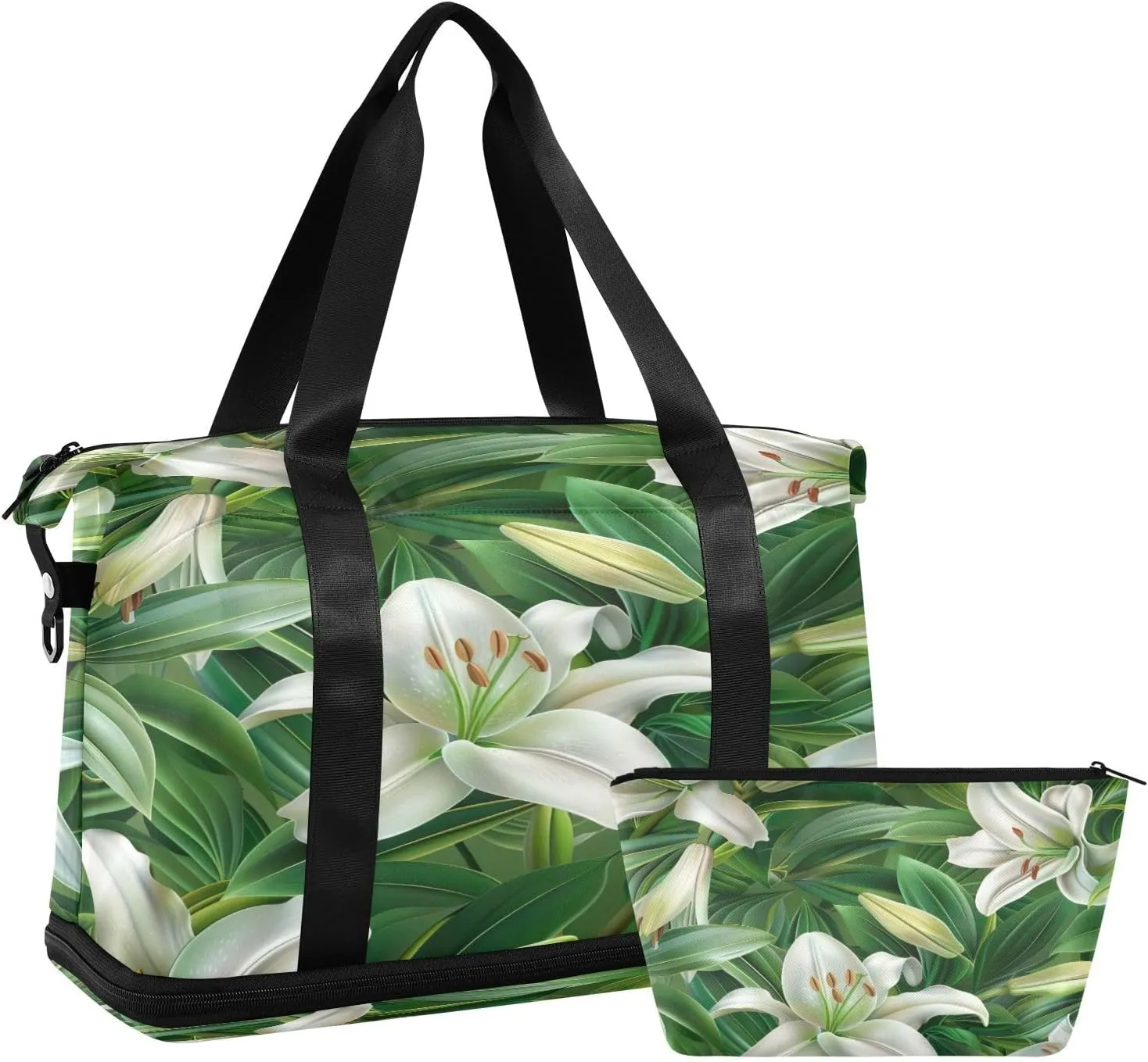 White Lilies Duffel Bag Lightweight Carry On Gym Bags for Travel and Weekends, Versatile Overnight Bag with Shoe Compartment