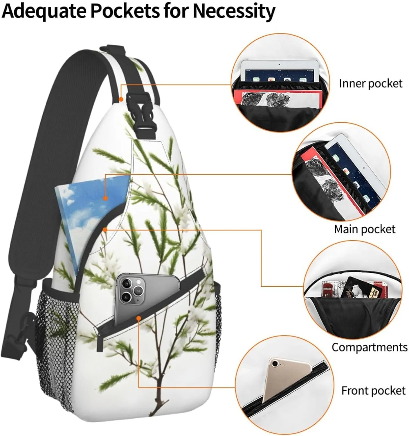 White Natural Plant Green Twig (1) Print Sling Backpack, Sling Bag, Crossbody Chest Bag Daypack, for Hiking Travel