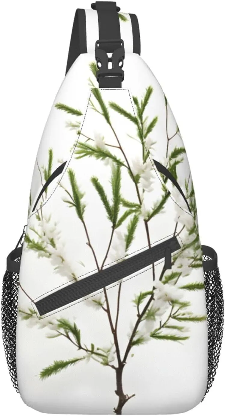 White Natural Plant Green Twig (1) Print Sling Backpack, Sling Bag, Crossbody Chest Bag Daypack, for Hiking Travel