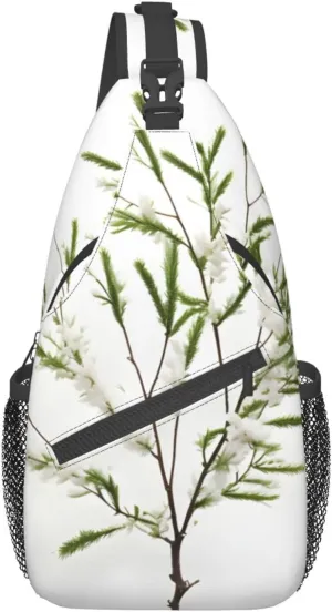 White Natural Plant Green Twig (1) Print Sling Backpack, Sling Bag, Crossbody Chest Bag Daypack, for Hiking Travel