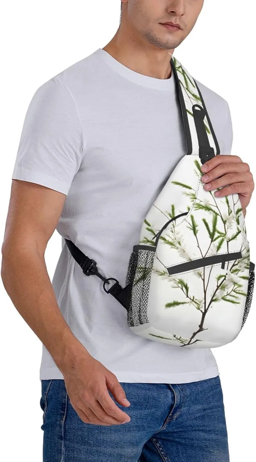 White Natural Plant Green Twig (1) Print Sling Backpack, Sling Bag, Crossbody Chest Bag Daypack, for Hiking Travel