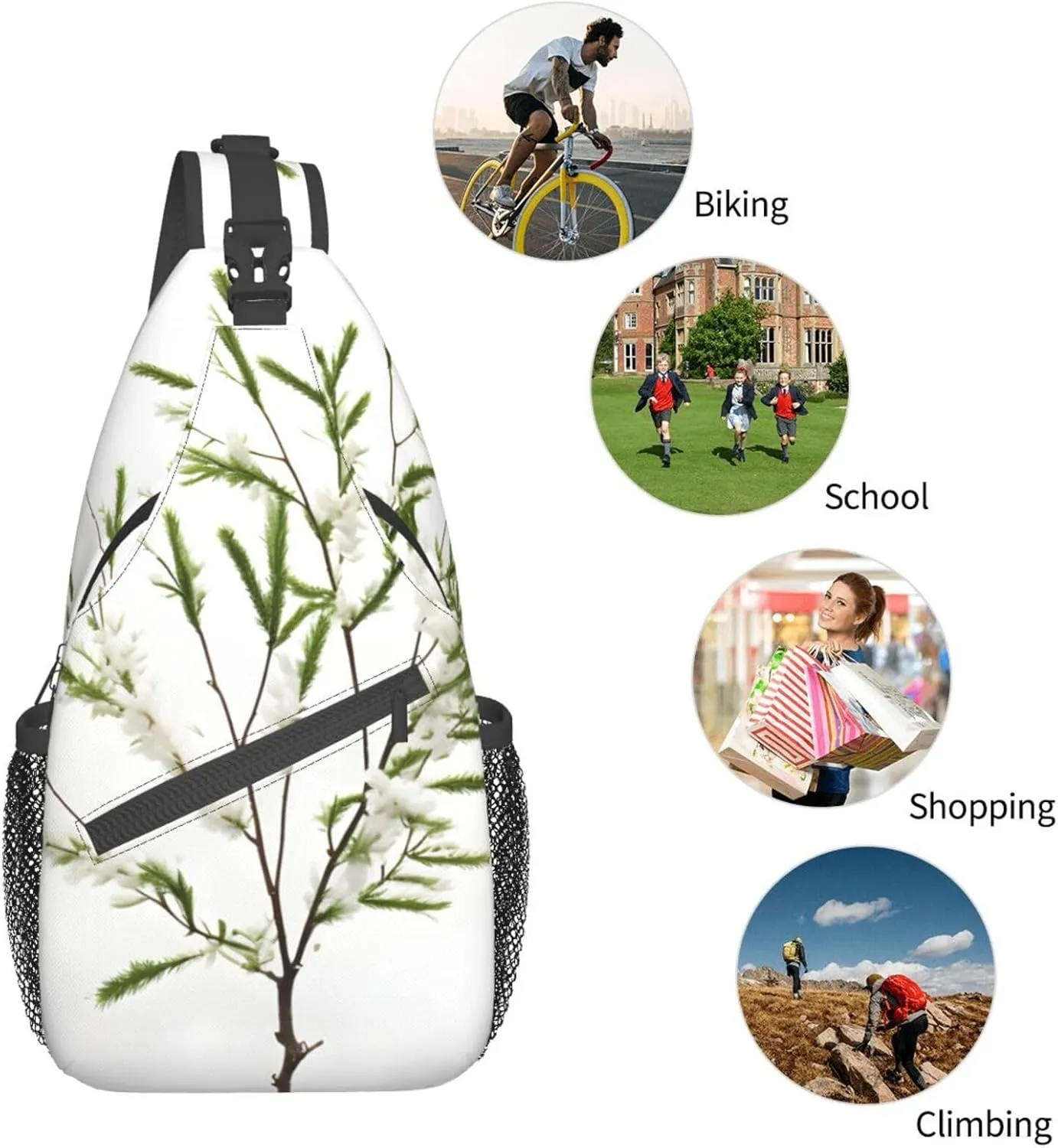 White Natural Plant Green Twig (1) Print Sling Backpack, Sling Bag, Crossbody Chest Bag Daypack, for Hiking Travel