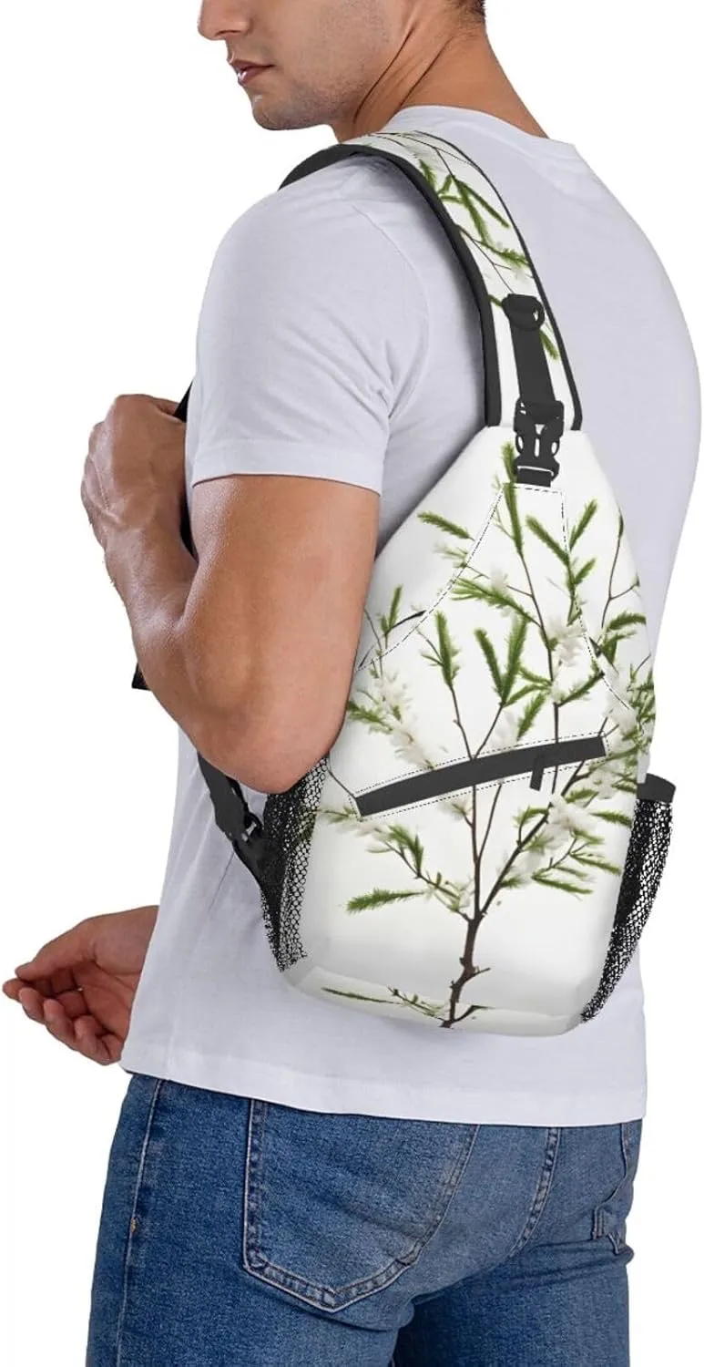 White Natural Plant Green Twig (1) Print Sling Backpack, Sling Bag, Crossbody Chest Bag Daypack, for Hiking Travel