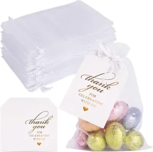 White Organza Bags Set, 60PCS Drawstring Gift Bags with 60PCS Thank You Tags Candy Mesh Pouches for Christmas Wedding Party