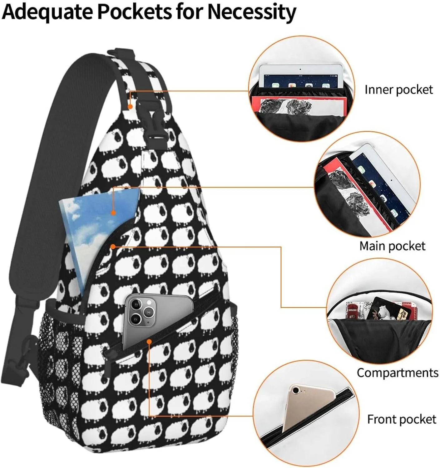White Sheep In A Row Chest Sling Bag Crossbody Shoulder Backpack Bag Gym Cycling Daypack Travel Hiking Cross Bag