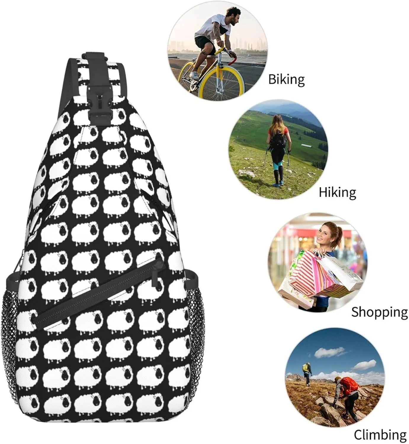 White Sheep In A Row Chest Sling Bag Crossbody Shoulder Backpack Bag Gym Cycling Daypack Travel Hiking Cross Bag