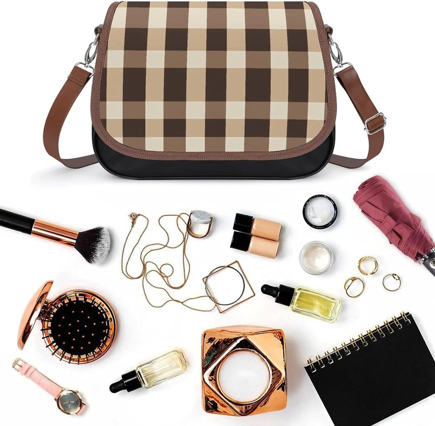 White Soft Pink Checked Pattern Crossbody Bag Leather Crossbody Bag