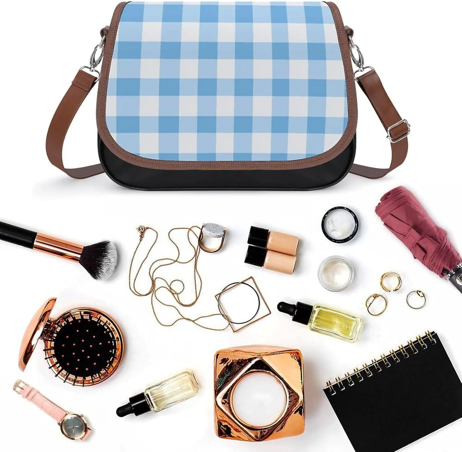 White Soft Pink Checked Pattern Crossbody Bag Leather Crossbody Bag