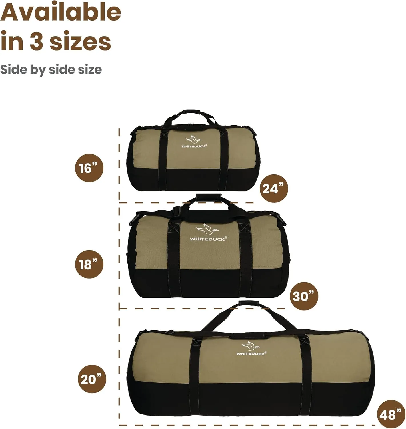 WHITEDUCK Heavy Duty Canvas Duffel Bag for Men and Women - Foldable Military Army Style Duffel Bag, with Full Length Zipper- Outdoors, Travel, Gym & Storage
