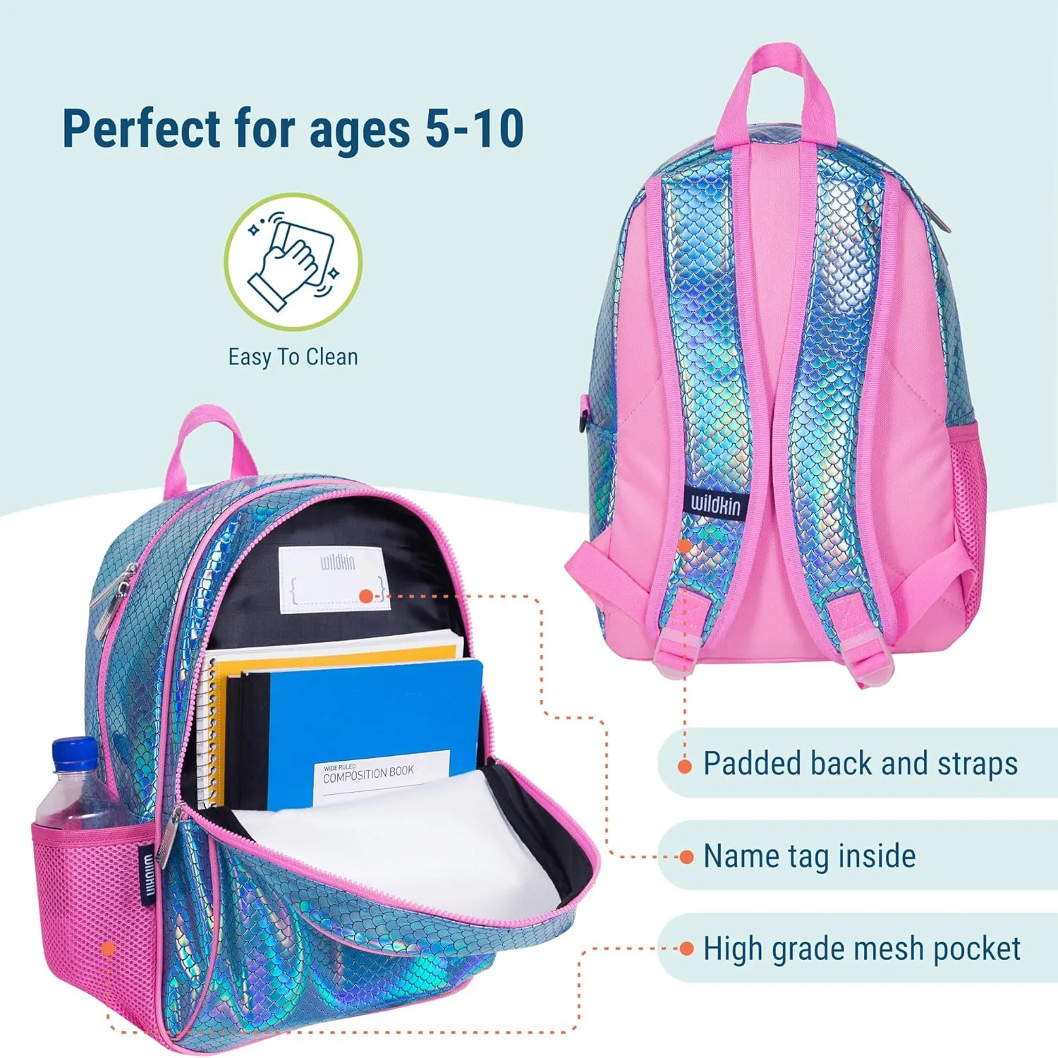 Wildkin 15-inch Kids Backpack – Durable, Padded, Adjustable for School & Travel - Mermaid Scales
