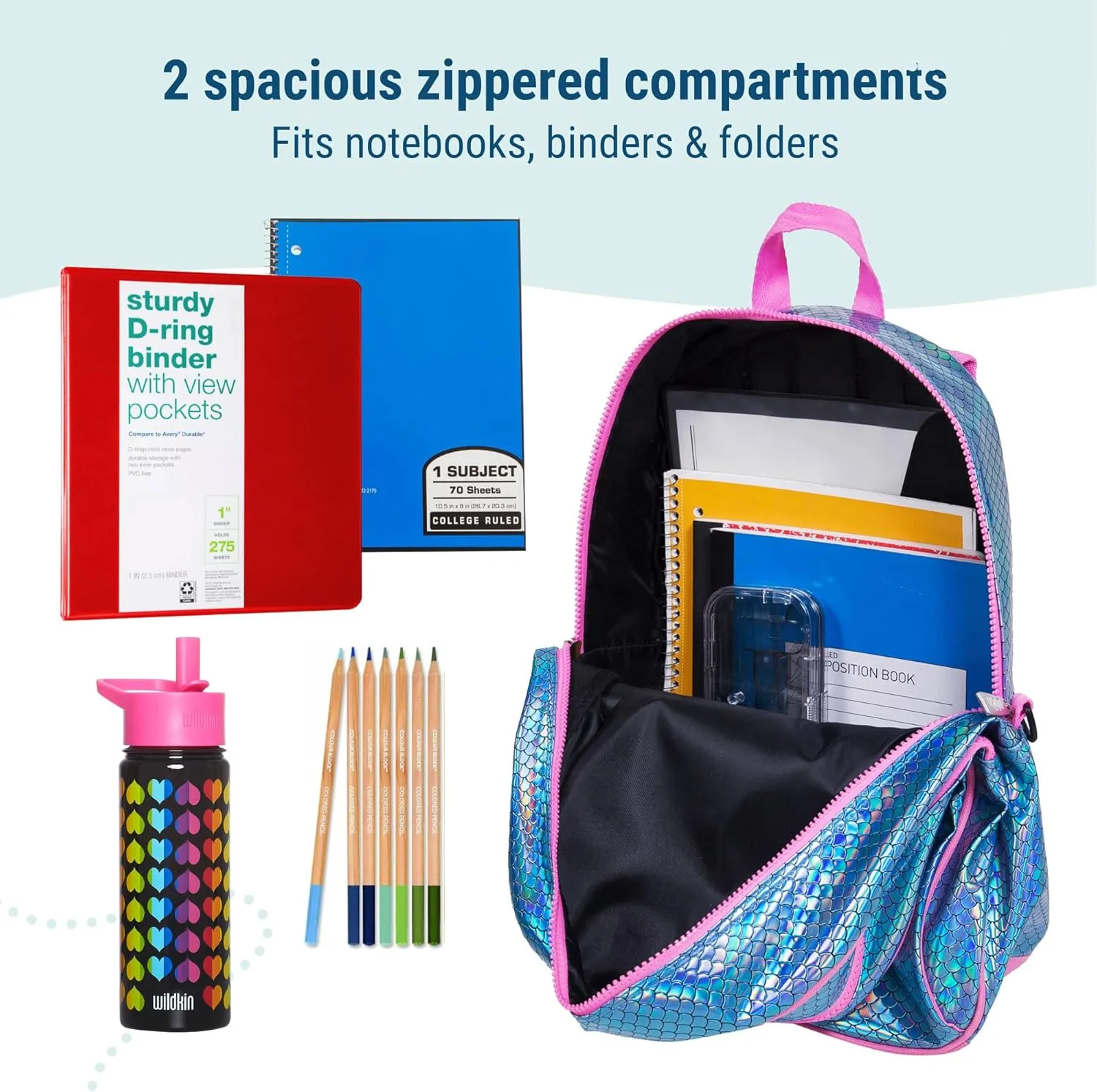 Wildkin 15-inch Kids Backpack – Durable, Padded, Adjustable for School & Travel - Mermaid Scales
