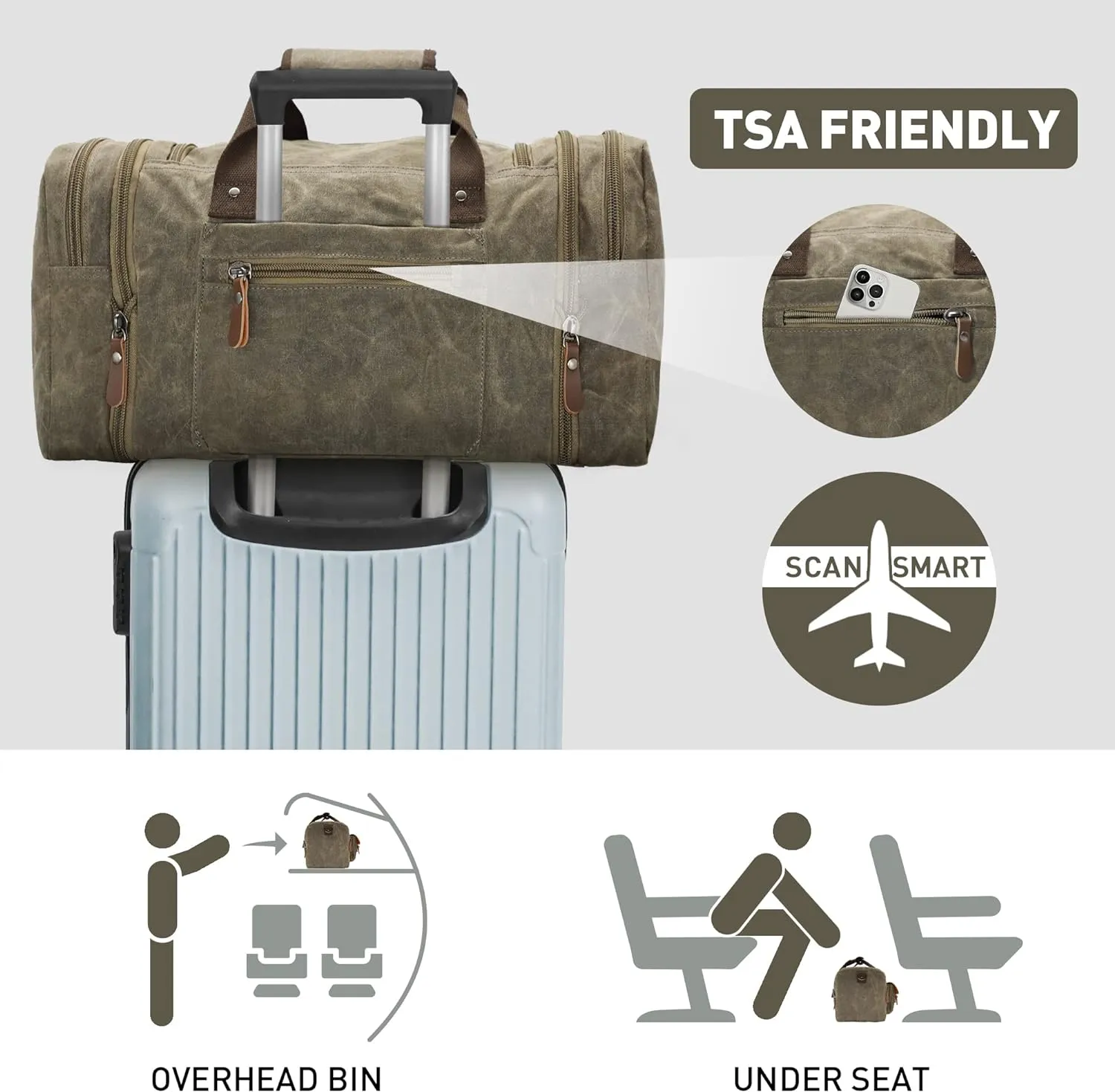 Wildroad Duffle Bag for Travel, 50L Waterproof Waxed Canvas Genuine Leather Weekender Overnight Bag Vintage Travel Hand Bag Carry on Bag