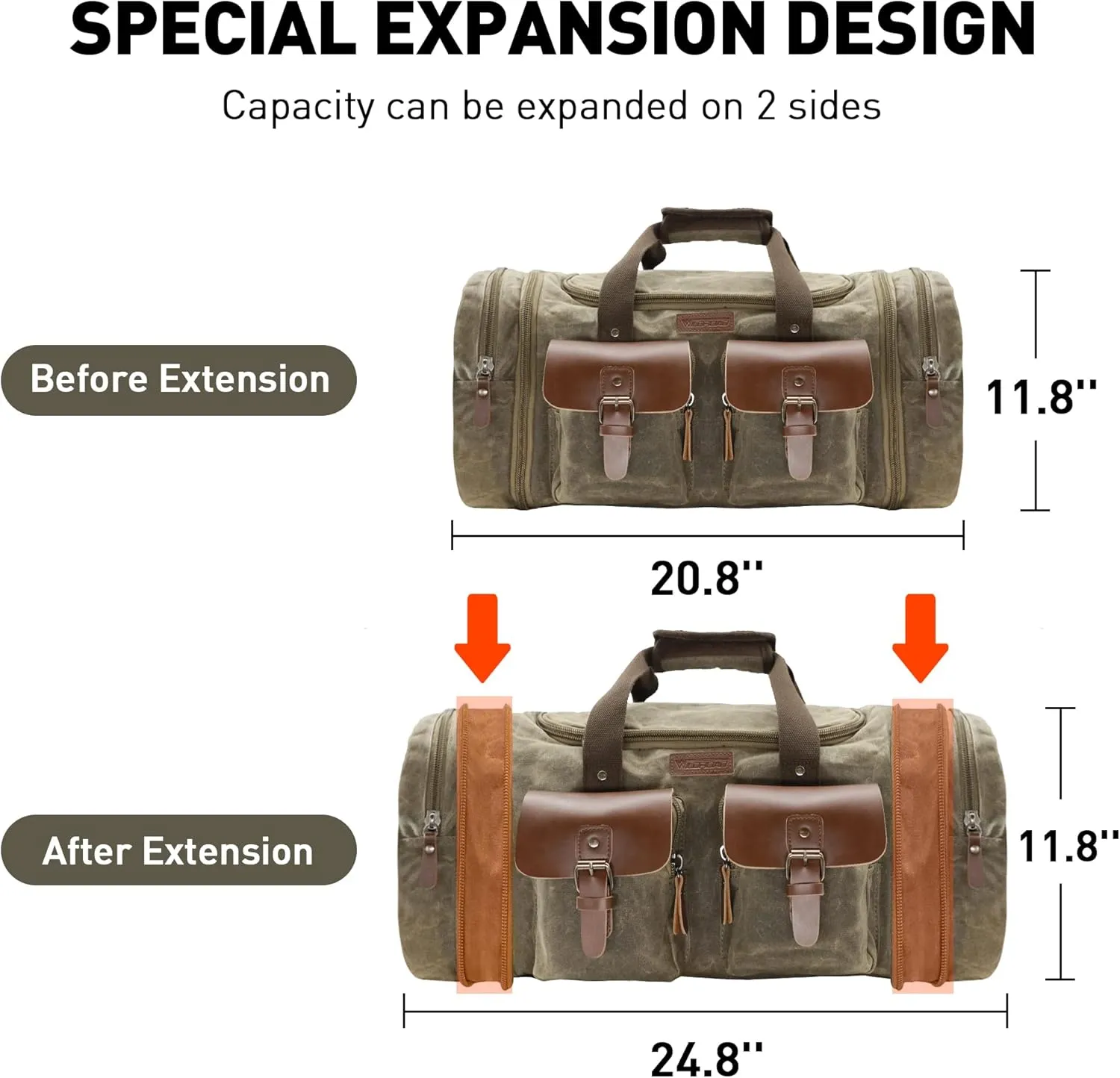 Wildroad Duffle Bag for Travel, 50L Waterproof Waxed Canvas Genuine Leather Weekender Overnight Bag Vintage Travel Hand Bag Carry on Bag