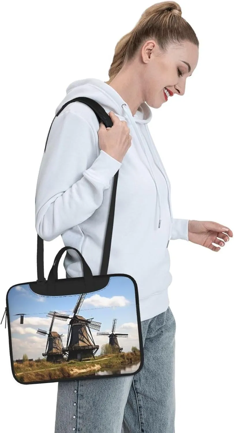 Windmills Print Laptop Shoulder Bag With Shoulder Strap Briefcase Slim Computer Bag For Women Men