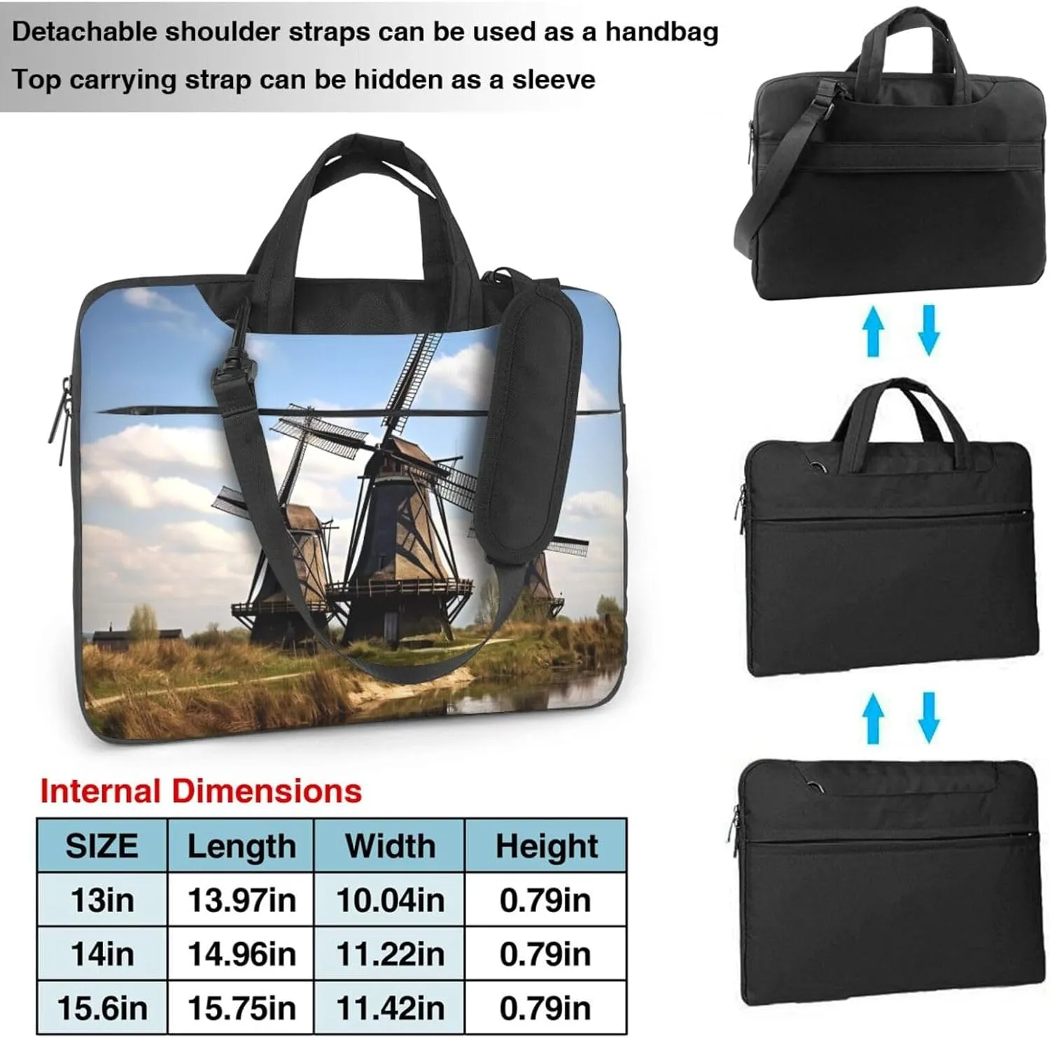 Windmills Print Laptop Shoulder Bag With Shoulder Strap Briefcase Slim Computer Bag For Women Men