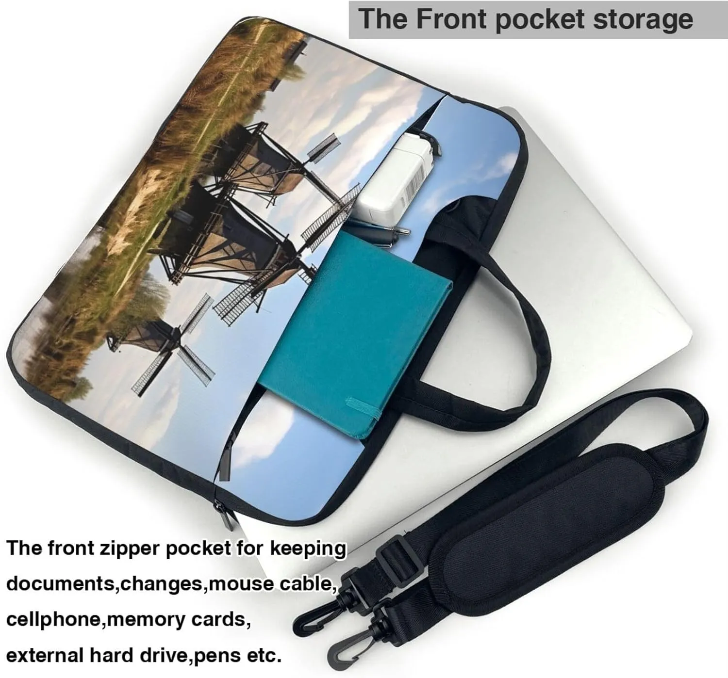 Windmills Print Laptop Shoulder Bag With Shoulder Strap Briefcase Slim Computer Bag For Women Men