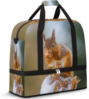 Winter Cute Red Squirrel Foldable Travel Duffel Bag Tote Carry On Luggage Sport Duffle for Women Men Gym Bag Overnight Weekender Bags with Shoe Compartments & Shoulder Strap