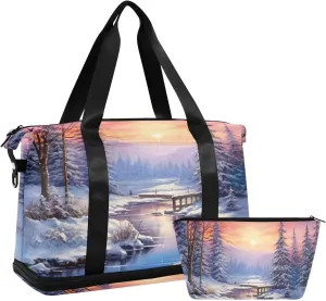 Winter Landscape Duffel Bag Lightweight Carry On Gym Bags for Travel and Weekends, Versatile Overnight Bag with Shoe Compartment