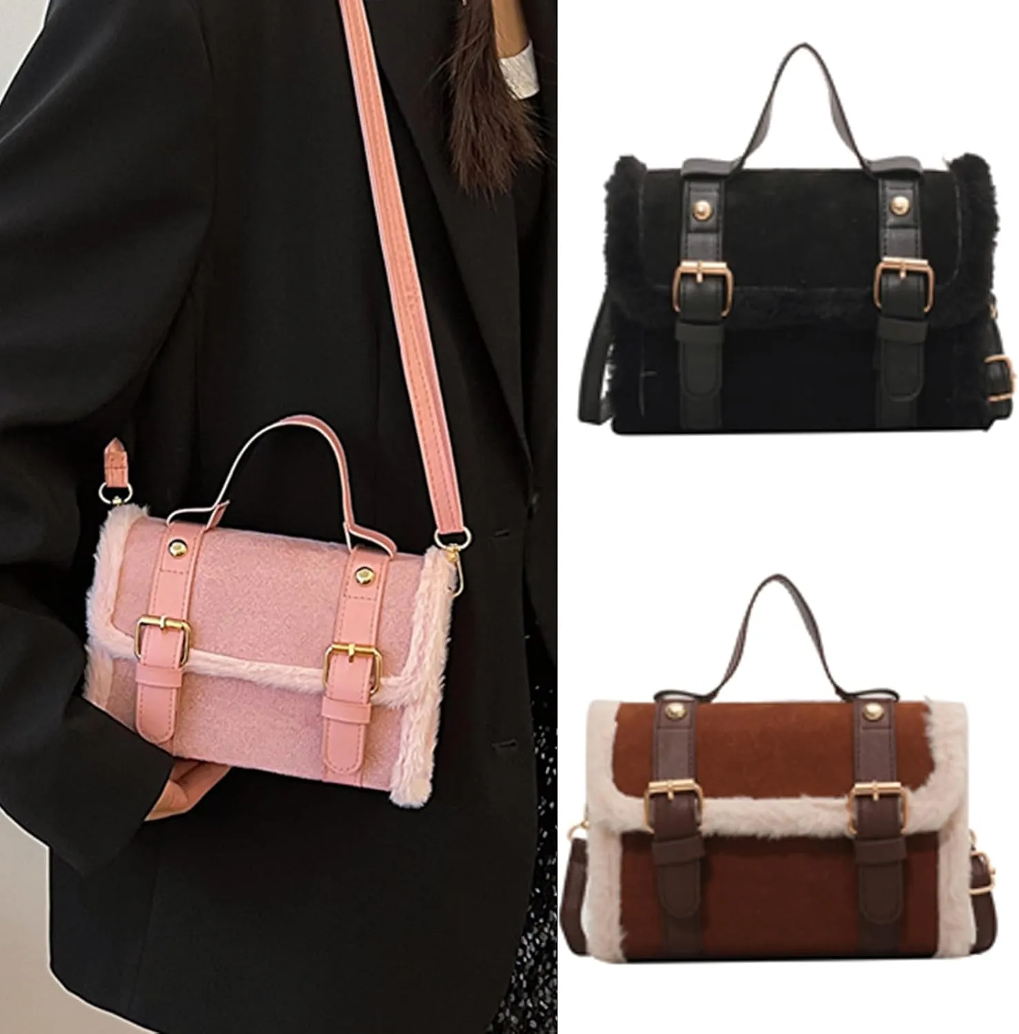 Winter Women's Crossbody Shoulder Bag 2024 Furry Plush Small Square Handbag French Styles for Fashionable Ladies