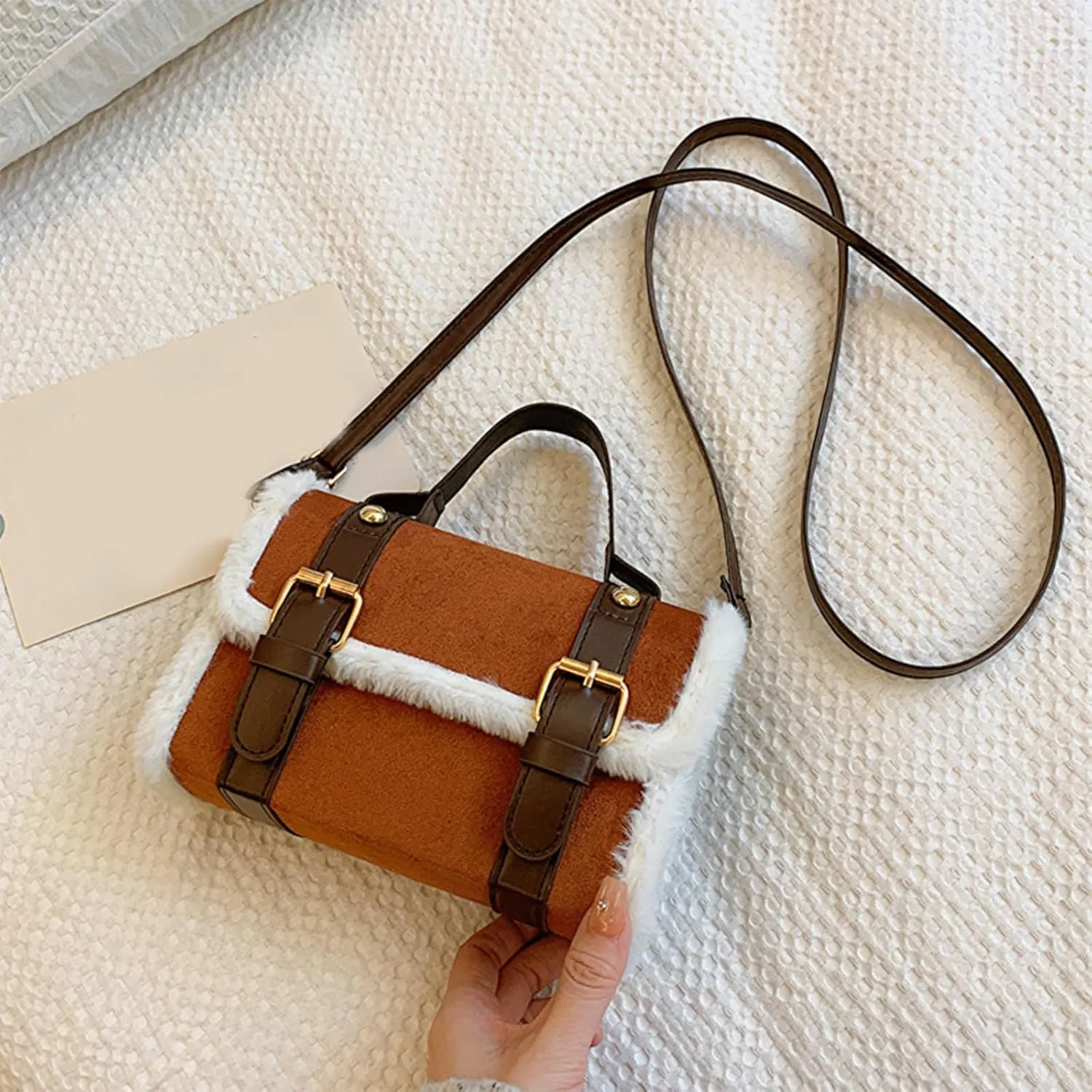 Winter Women's Crossbody Shoulder Bag 2024 Furry Plush Small Square Handbag French Styles for Fashionable Ladies