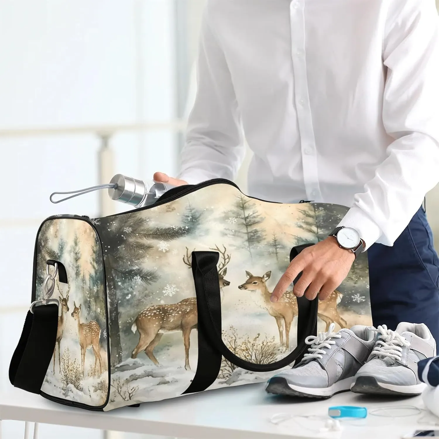 Winter Wonderland Deer Travel Duffle Bag, Sports Gym Bags for Women Men, Carry On Weekender Overnight Workout Airplane Trips Bag