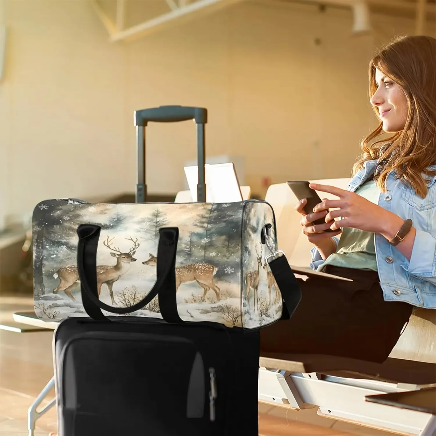 Winter Wonderland Deer Travel Duffle Bag, Sports Gym Bags for Women Men, Carry On Weekender Overnight Workout Airplane Trips Bag