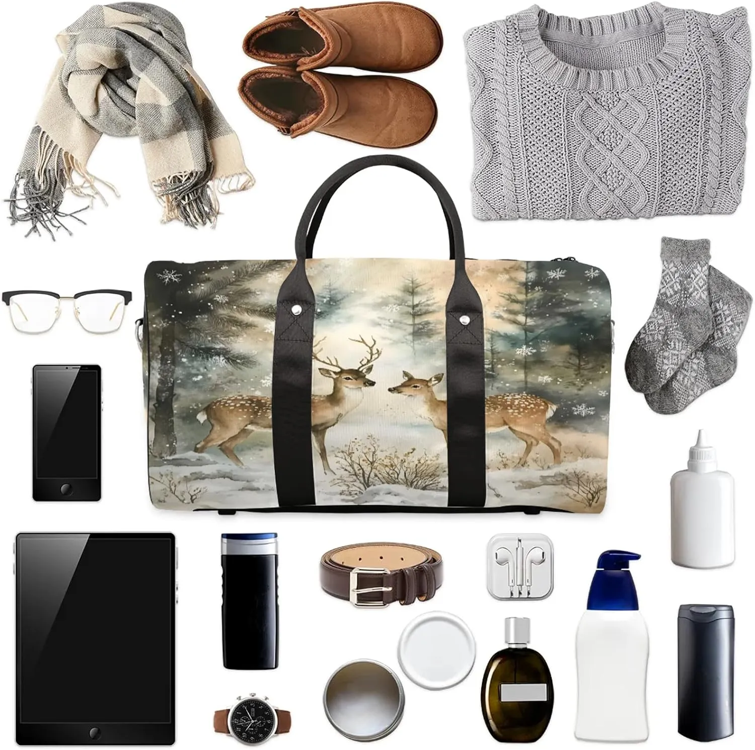 Winter Wonderland Deer Travel Duffle Bag, Sports Gym Bags for Women Men, Carry On Weekender Overnight Workout Airplane Trips Bag