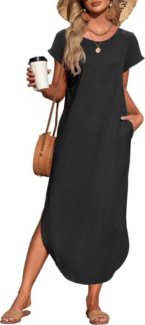 WNEEDU Womens Summer Dresses Casual Loose Short Sleeve Long T Shirt Dress Split Maxi Beach Sundress Travel Vacation Outfits