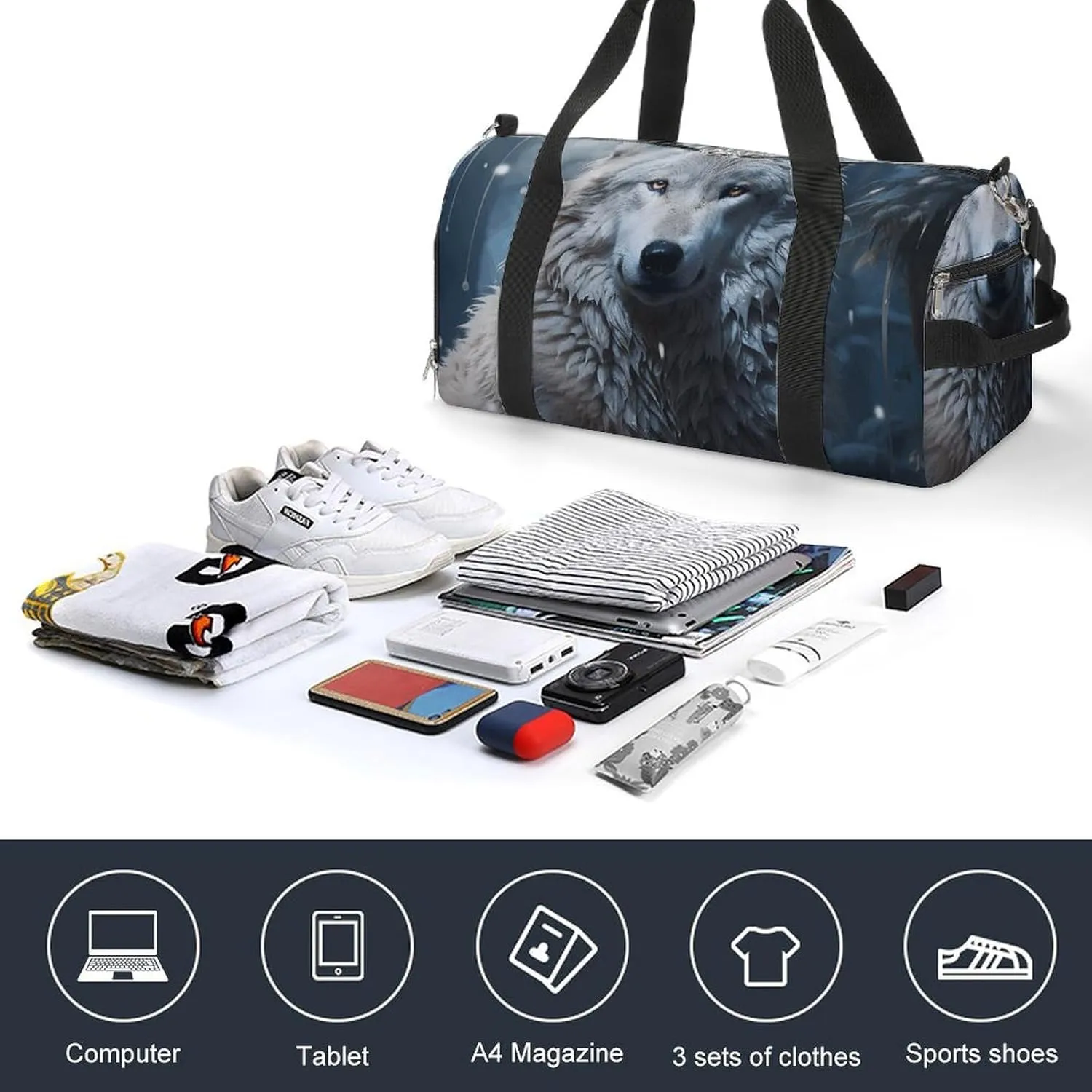 Wolf Sitting in The Snow Sports Gym Bag Carry on Holdalls for Men Small Duffel Bags for Women with Shoe Compartment