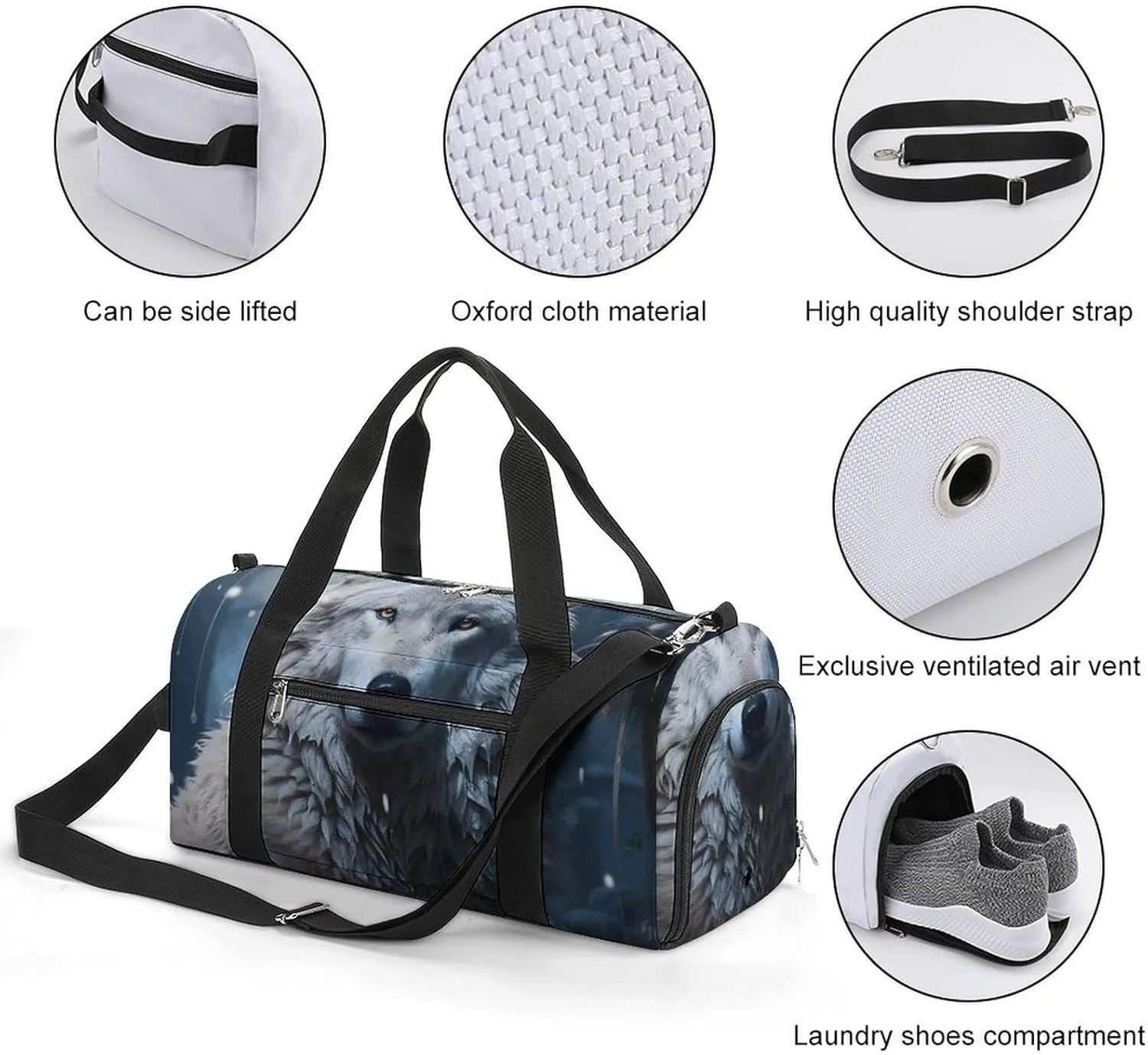 Wolf Sitting in The Snow Sports Gym Bag Carry on Holdalls for Men Small Duffel Bags for Women with Shoe Compartment