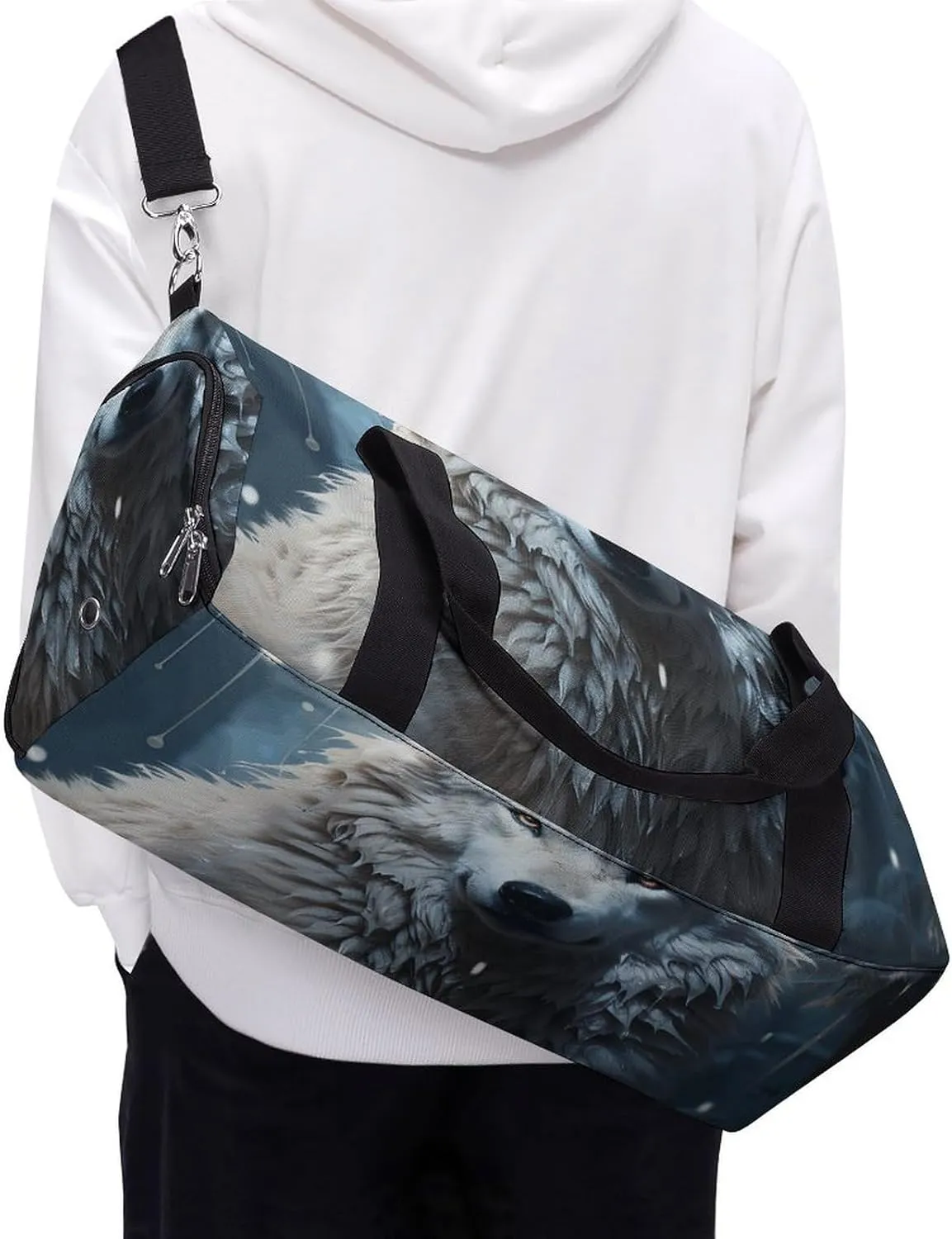Wolf Sitting in The Snow Sports Gym Bag Carry on Holdalls for Men Small Duffel Bags for Women with Shoe Compartment