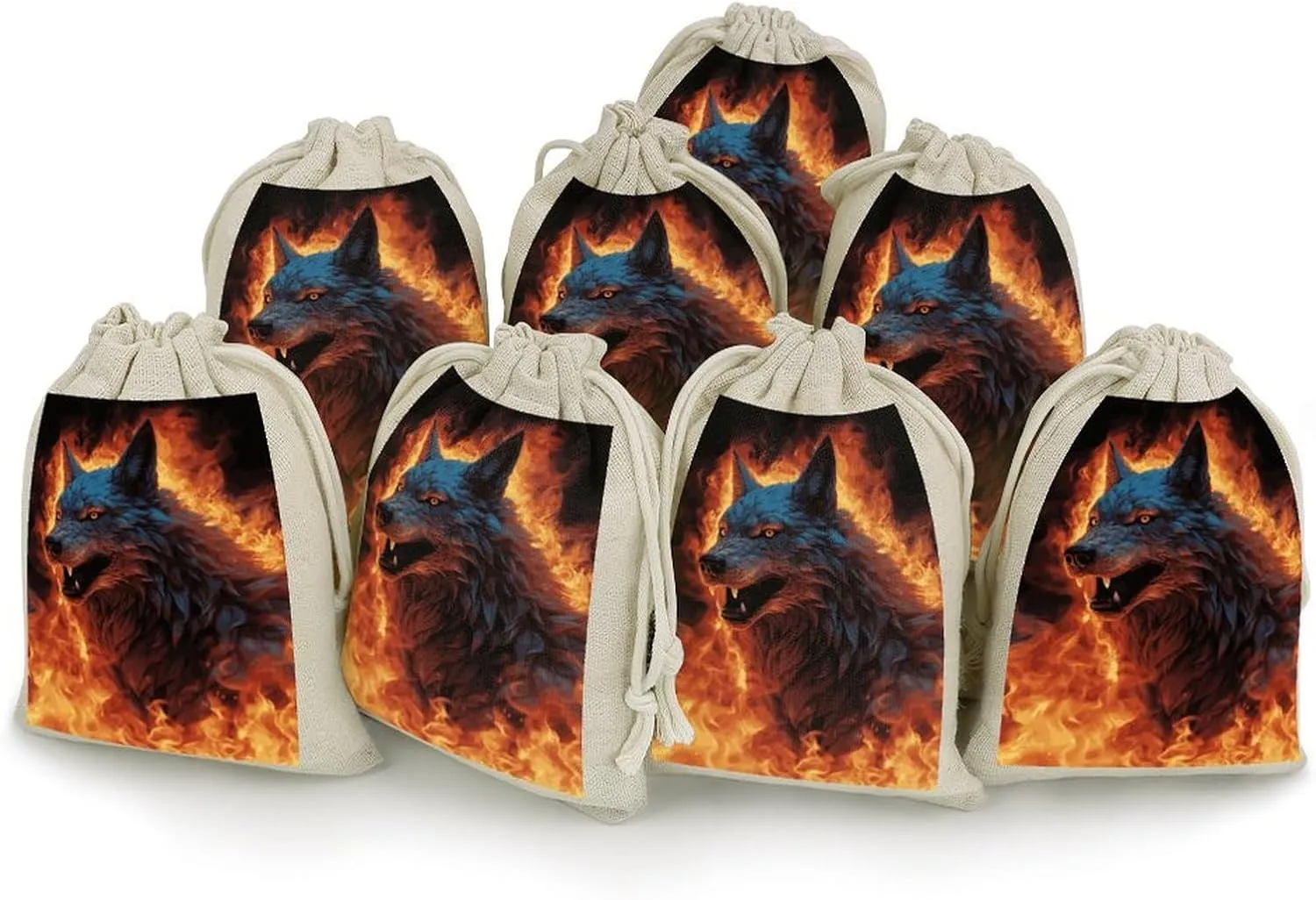 Wolf Surrounded by Fire Drawstrings Bags Durable Portable Cotton Linen Cloth Pouch Reusable Small Storage Bags For Wrapping Gift Small Jewelry Stones Bracelet Headphones